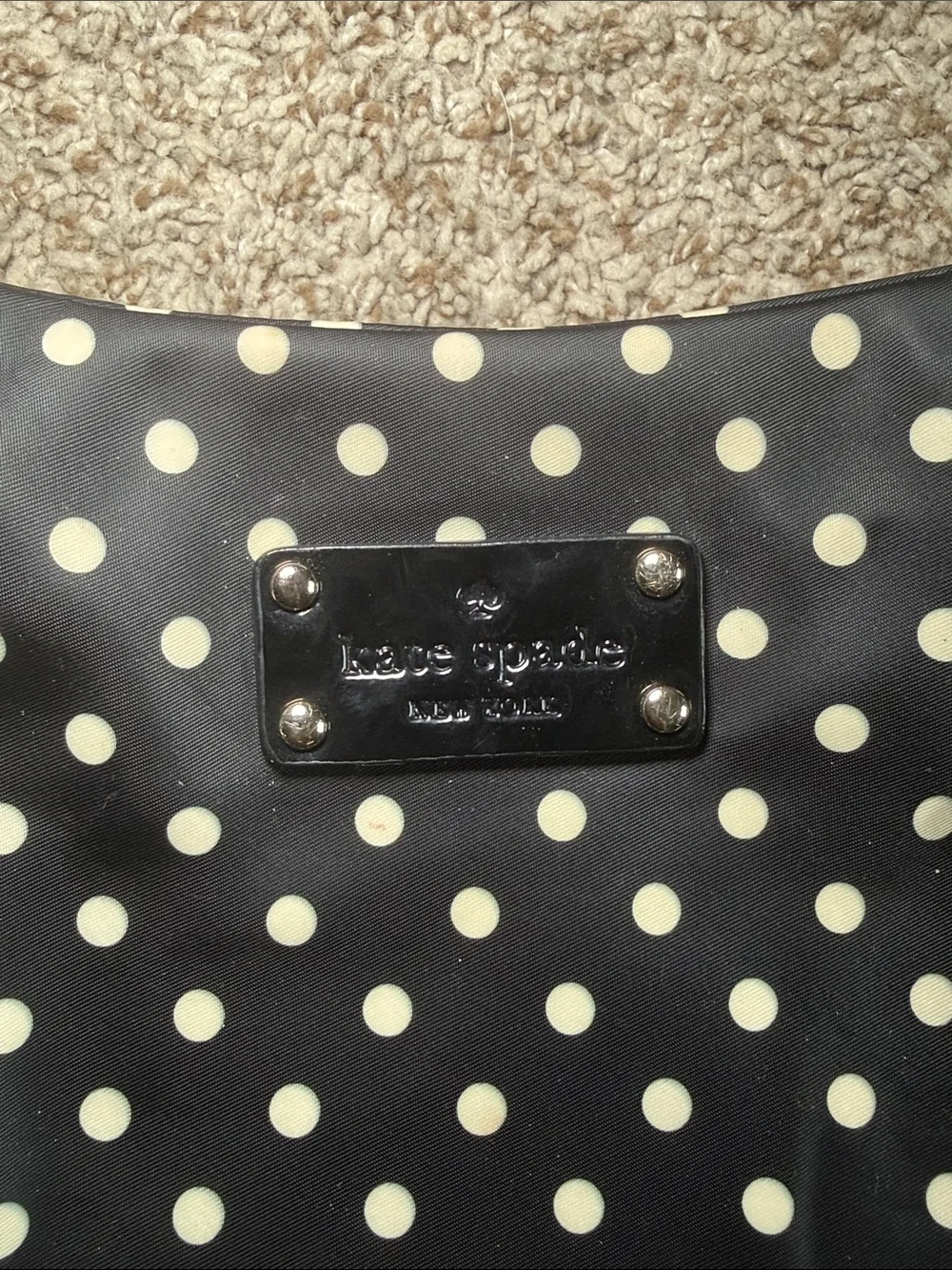 Kate Spade Stevie polka dot nylon Purse bag black patent leather handles